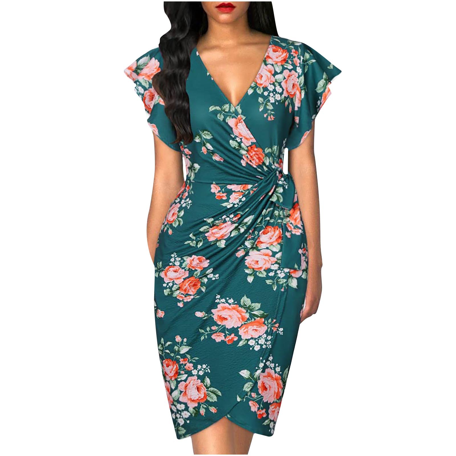 In 2023, a sweet and elegant style of cross-border foreign trade between Europe and America, a twisted, figure-hugging, waist-cinching, pleated solid color dress for women Item Picture