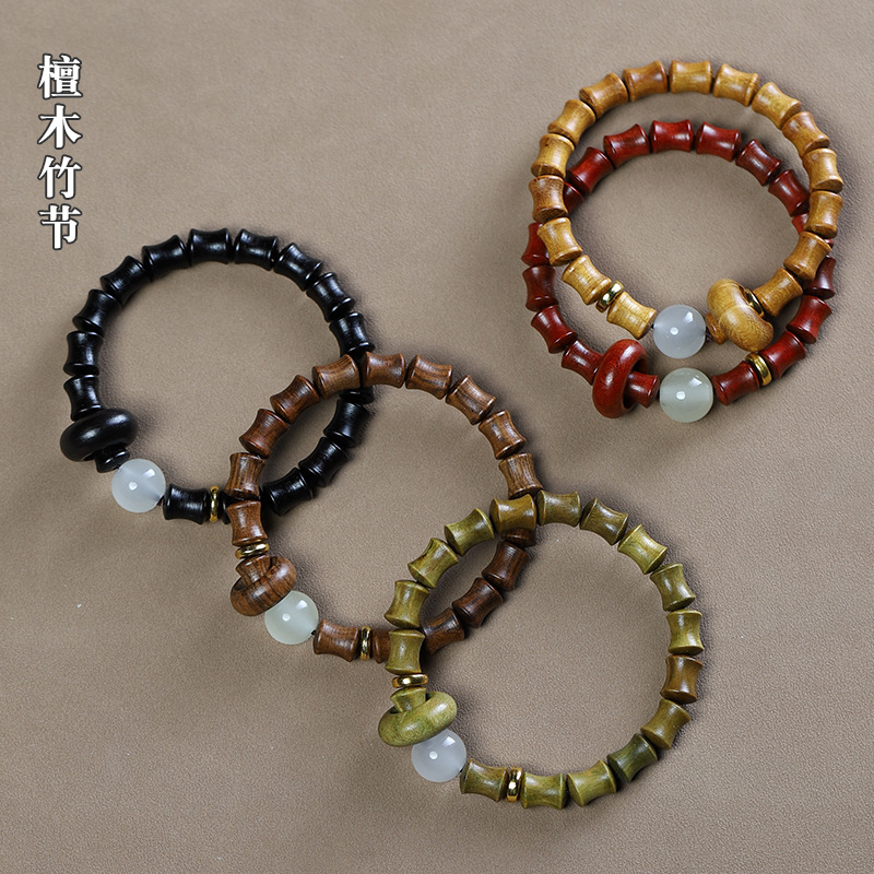 Original green sandalwood bracelet for women, forest style student finger winding soft cultural play Buddhist prayer beads, sandalwood bamboo joint single circle judge bracelet