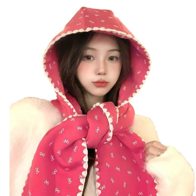 One-piece Korean smiling face print, cute lace, versatile hooded scarf, girl's knitted hat, winter warm scarf, cape, wholesale from street stalls Item Picture