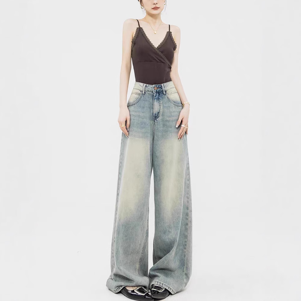 Custom-made retro light-colored straight-leg jeans with a high-waisted, loose design, floor-length wide-leg pants, suitable for all seasons