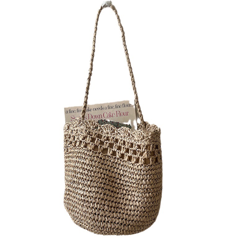 Cross-Border Straw Weaving Bag, French Lafite Straw Single-Shoulder Straw Weaving Bag, New Hollowed-Out Lace Straw Weaving Bag, Vacation Beach Bag, Versatile Women's Bag, Handcrafted Straw Weaving Bag Item Picture