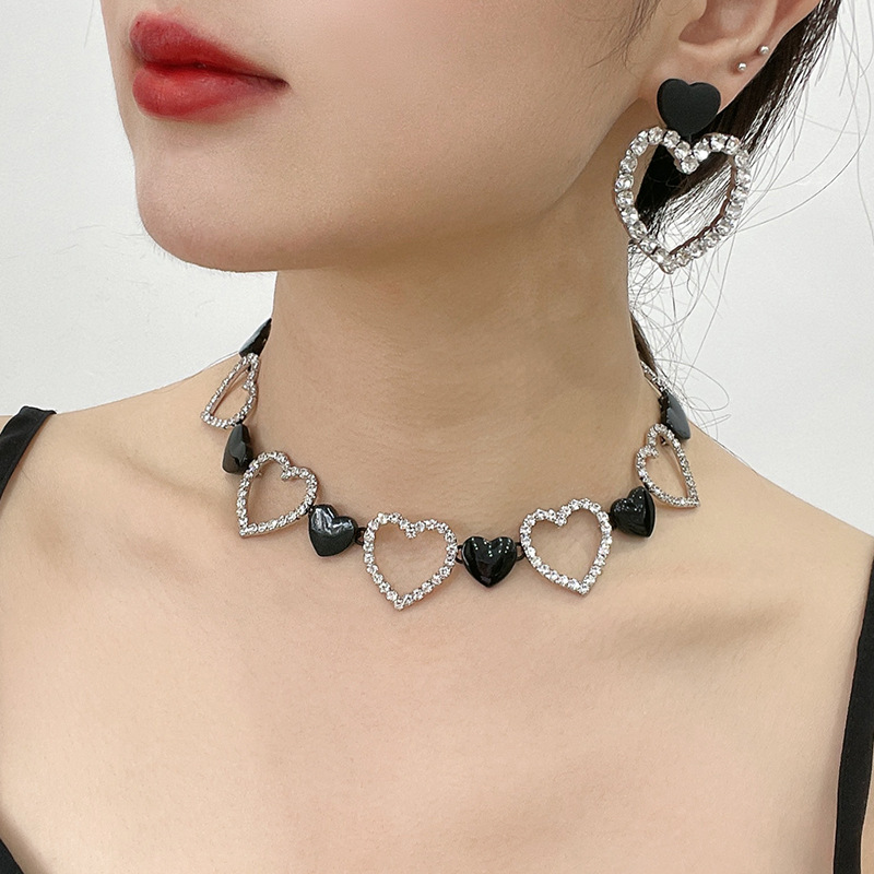 Monochrome派对爪链爱心Y2K heart织带ribbon颈链女耳环套装