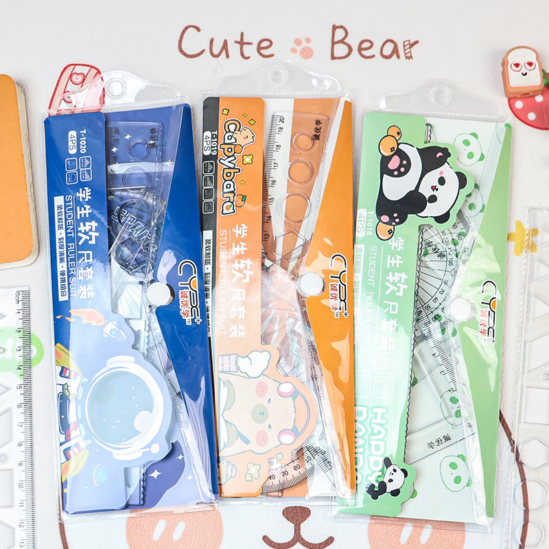 可爱卡通学生文具四件套装软尺系列高颜值透明刻度直尺绘图专用尺