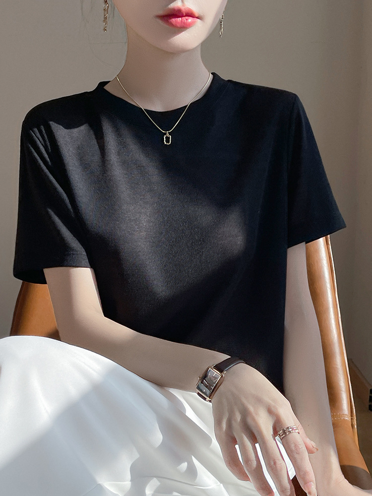 Tencel Lyocell short-sleeved T-shirt for women, round-neck solid color casual and elegant top, half-sleeved base, factory wholesale women's clothing Application Scenario