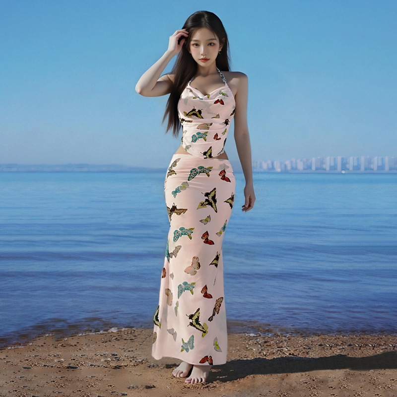 Swimwear Women 2025 New butterfly Print bikini Sexy Long dress with steel supports gathering seaside vacation swimwear -125141 details Picture