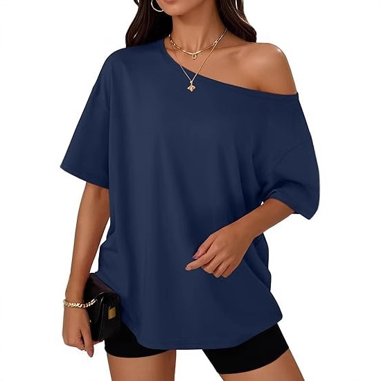 En stock 2026 europa y Estados Unidos crossover nuevo estilo mujer camiseta moda casual cuello inclinado top mujer punto manga corta top Specification image