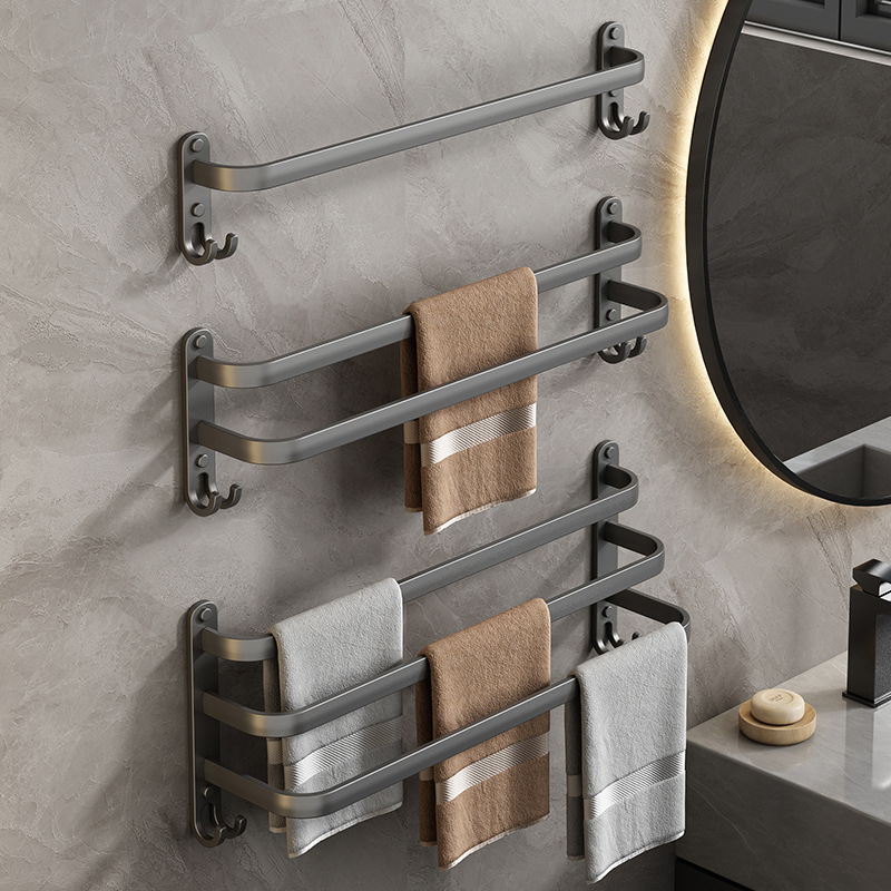 Gun ash towel rack, no need for drilling, bathroom wall-mounted towel hanging rod, storage rack, bathroom storage hanging rack details Picture