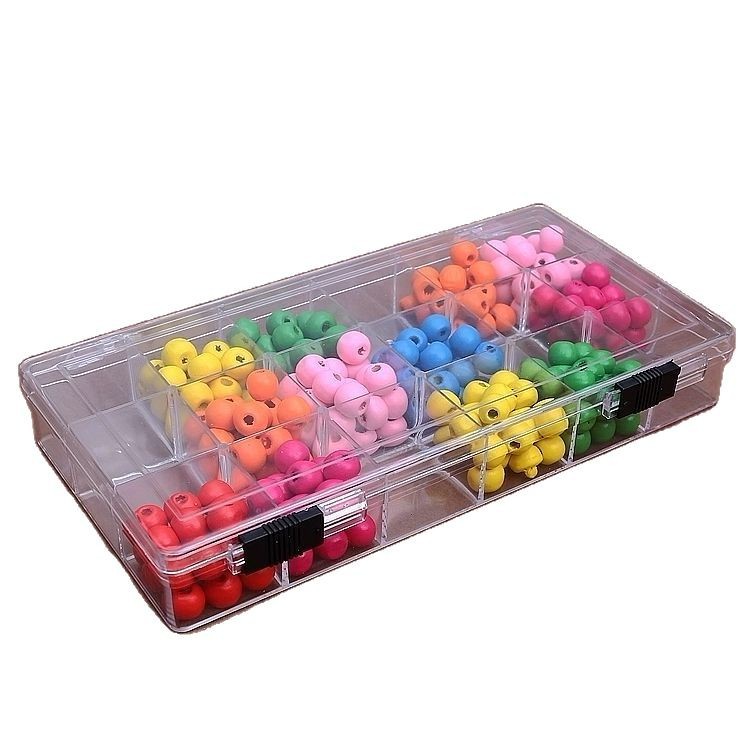 工厂直销PS环保长方形多格塑料盒18格固定翻盖透明收纳盒白底实物图