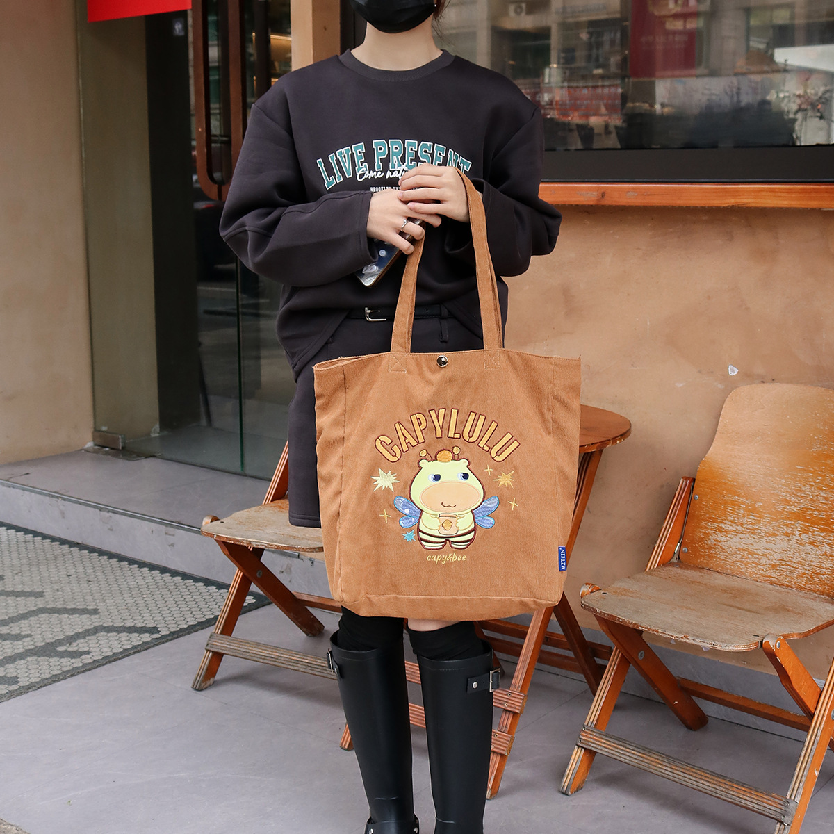 Winter versatile Japanese-style bags: women's corduroy bags, large-capacity single-shoulder bags, embroidered bags, small bags, cartoon crossbody bags Specification image