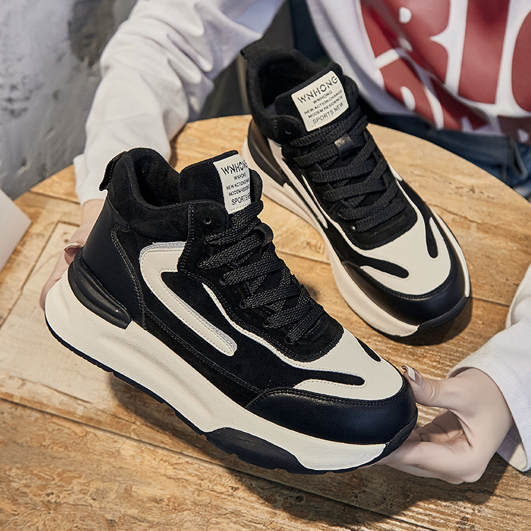 The 2026 Spring and autumn new genuine leather high-top dad shoes for women, thick-soled, color-blocking and fleece lace-up casual sneakers, are trendy on Instagram Specification image