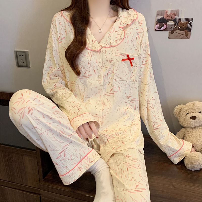 春秋季睡衣女棉质长袖长裤可爱卡通可外穿大码开衫家居服冬天套装