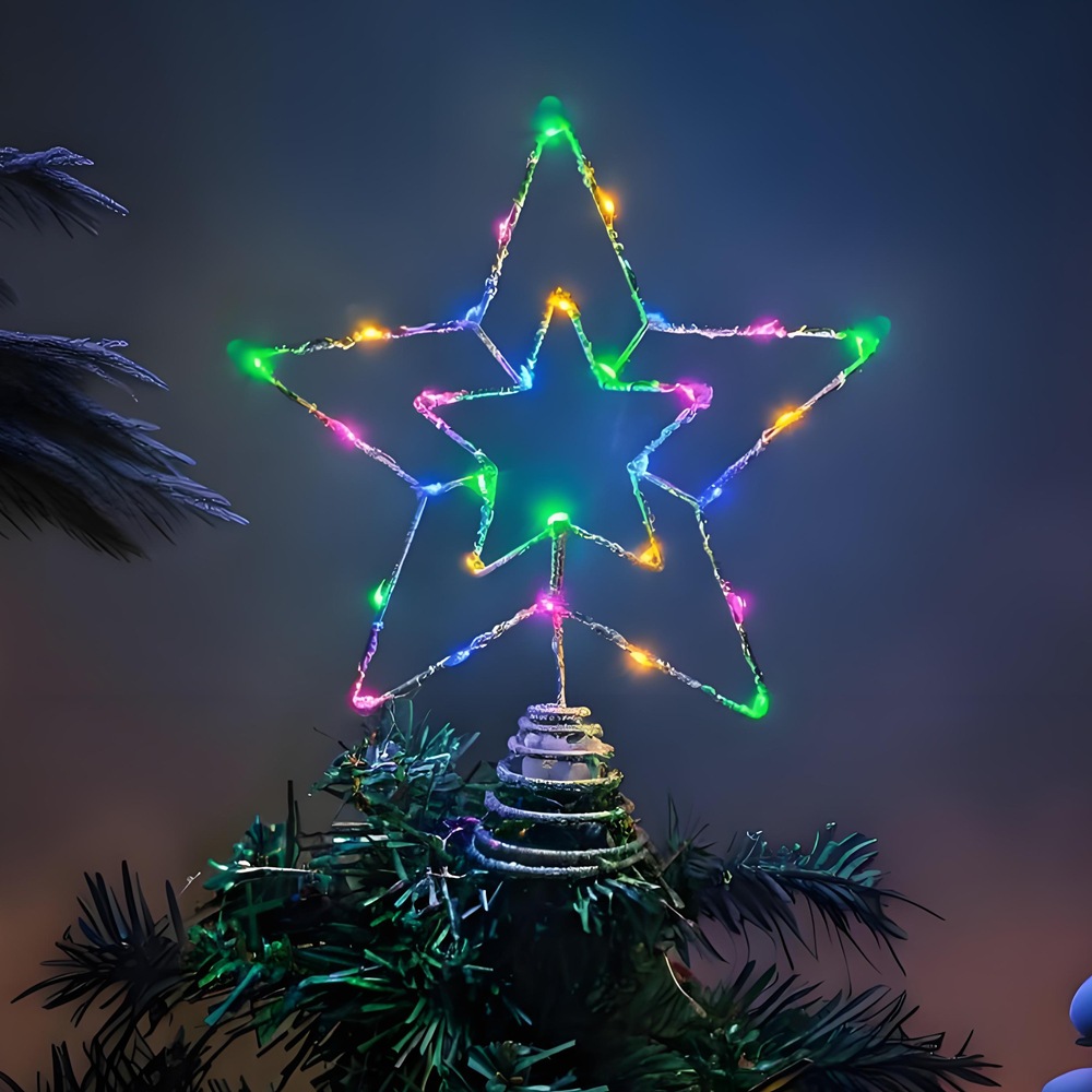 The new cross-border Christmas decoration, the tree top Star, creates an atmosphere. The ironwork light with a five-pointed star is sprinkled with powder and glows details Picture