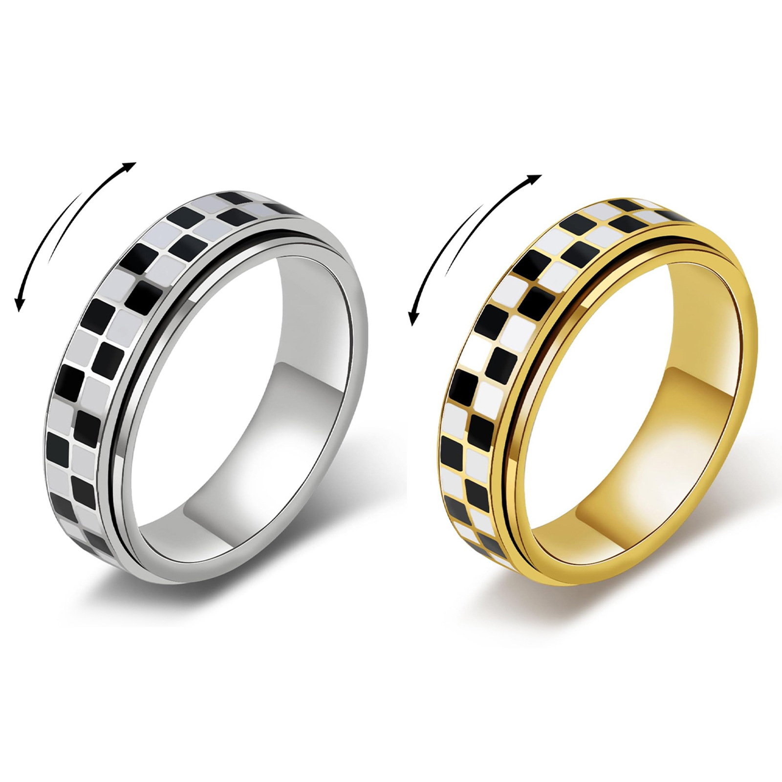 Amazon cross-border European and American classic 304 stainless steel black and white checkered ring, rotatable personalized checkerboard ring