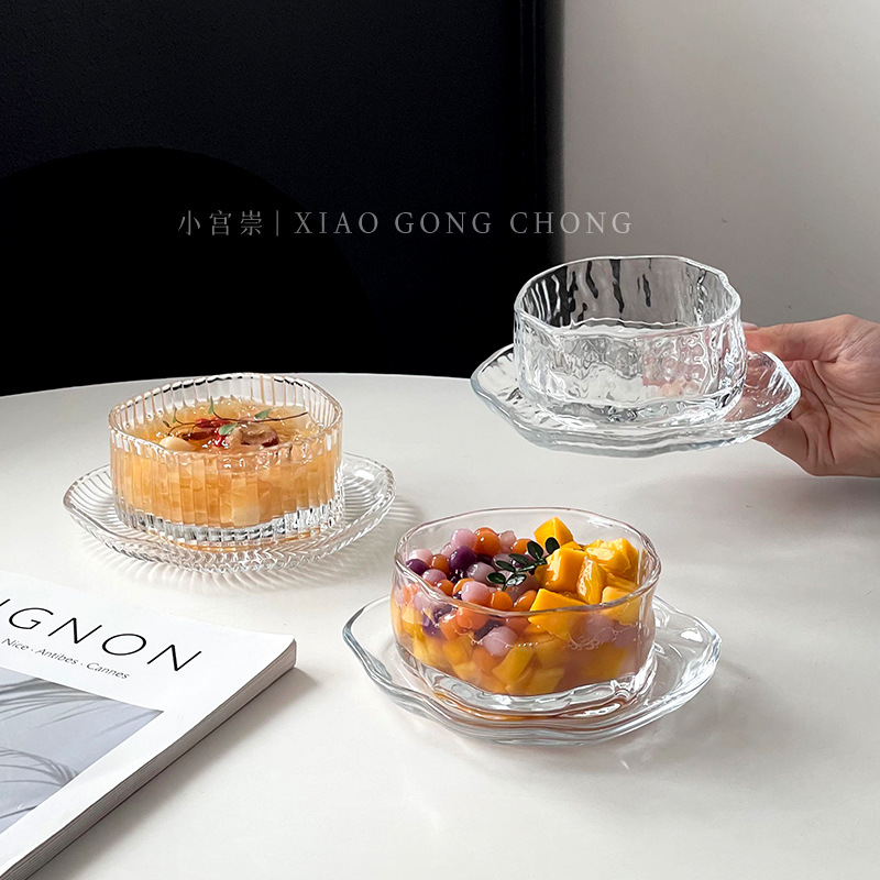 Ins-style irregular dessert bowl set, high appearance level cloud glass bowl and plate, creative sugar water, silver ear bowl, breakfast bowl