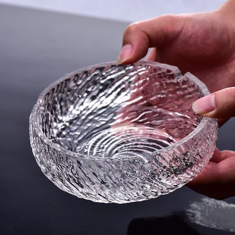 Glass ashtray anti-smoke Canghai series household living room decoration, INS style vortex threaded grey ashtray Application Scenario