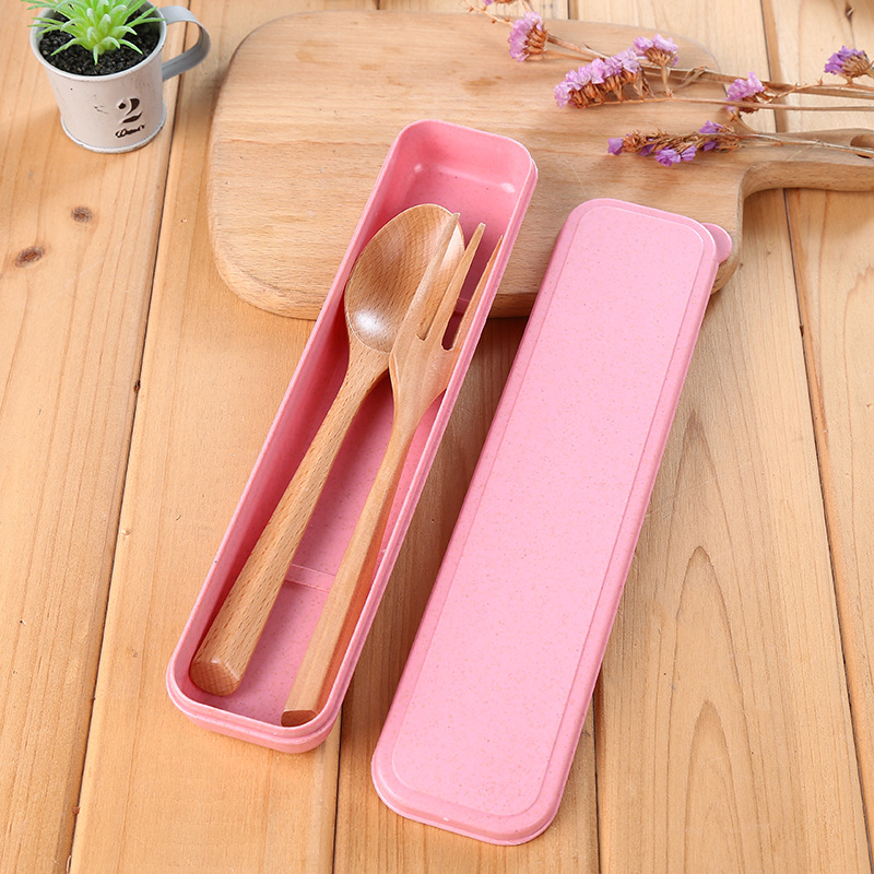 日韩式户外旅行榉木勺叉创意可爱礼品学生儿童便携套装餐盒批发