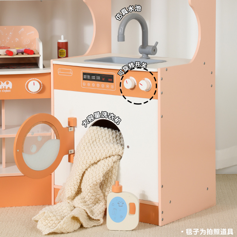 Children's simulated wooden blue kitchen toys. 3-year-old girl plays house in kindergarten with wooden kitchenware and stove scene Specification image