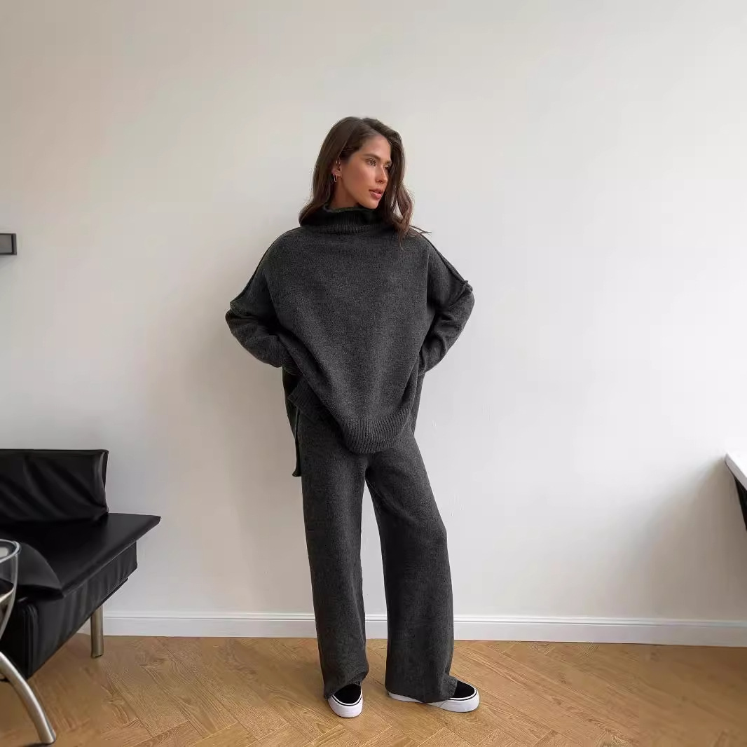 2025 Cross-border high-neck slit wool sweater Set for Women, loose, casual and laid-back European and American knitted trousers Two-piece set Application Scenario