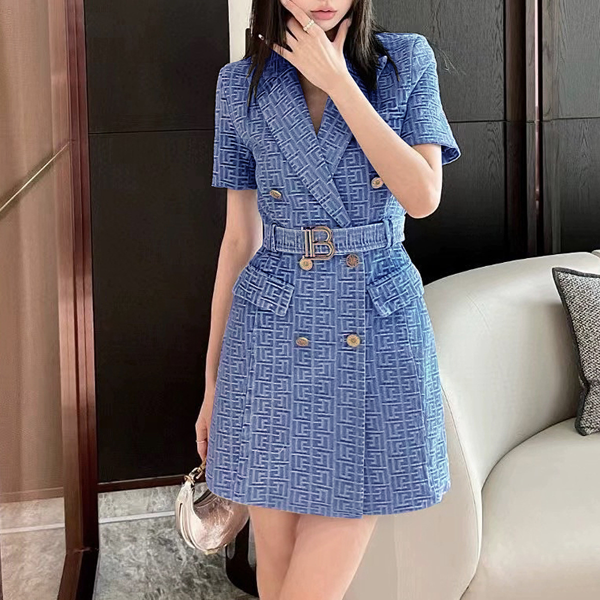 2025夏短袖收腰简约OL职业西装裙气质修身提花牛仔女式西服连衣裙