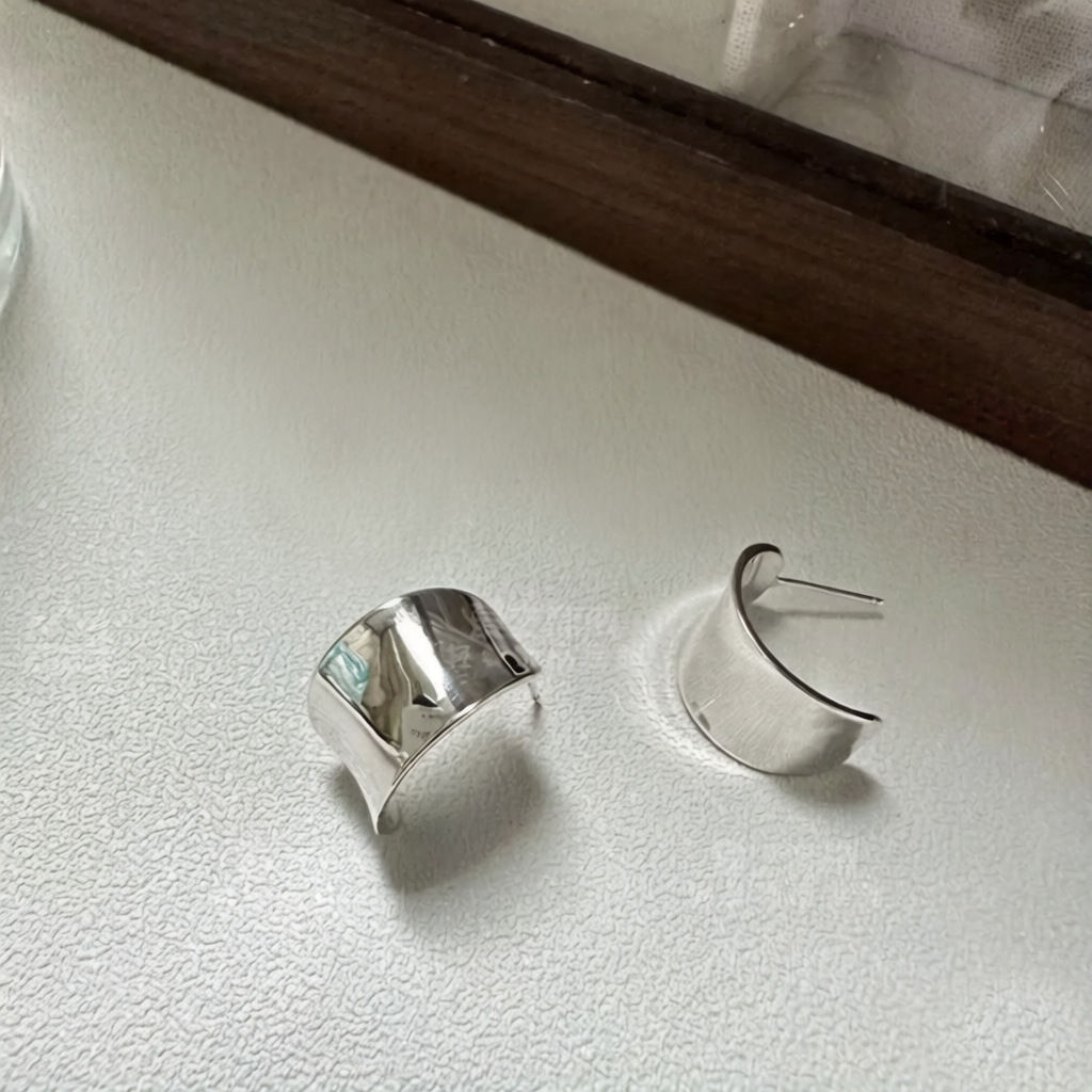 韩版s925纯银3.7宽面C型耳环ins小众设计感简约高级冷淡风耳饰耳钉