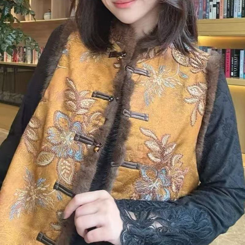 国潮新款唐装女装国风中式套叠复古秋冬夹棉提花上衣坎肩马甲外套