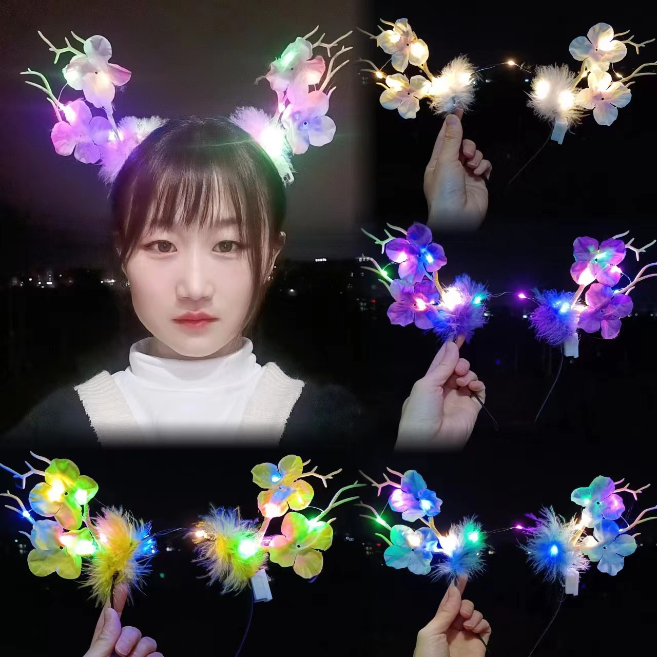 新款发光大鹿角发箍梅花羽毛麋鹿发饰圣诞节花仙子拍照装扮头饰