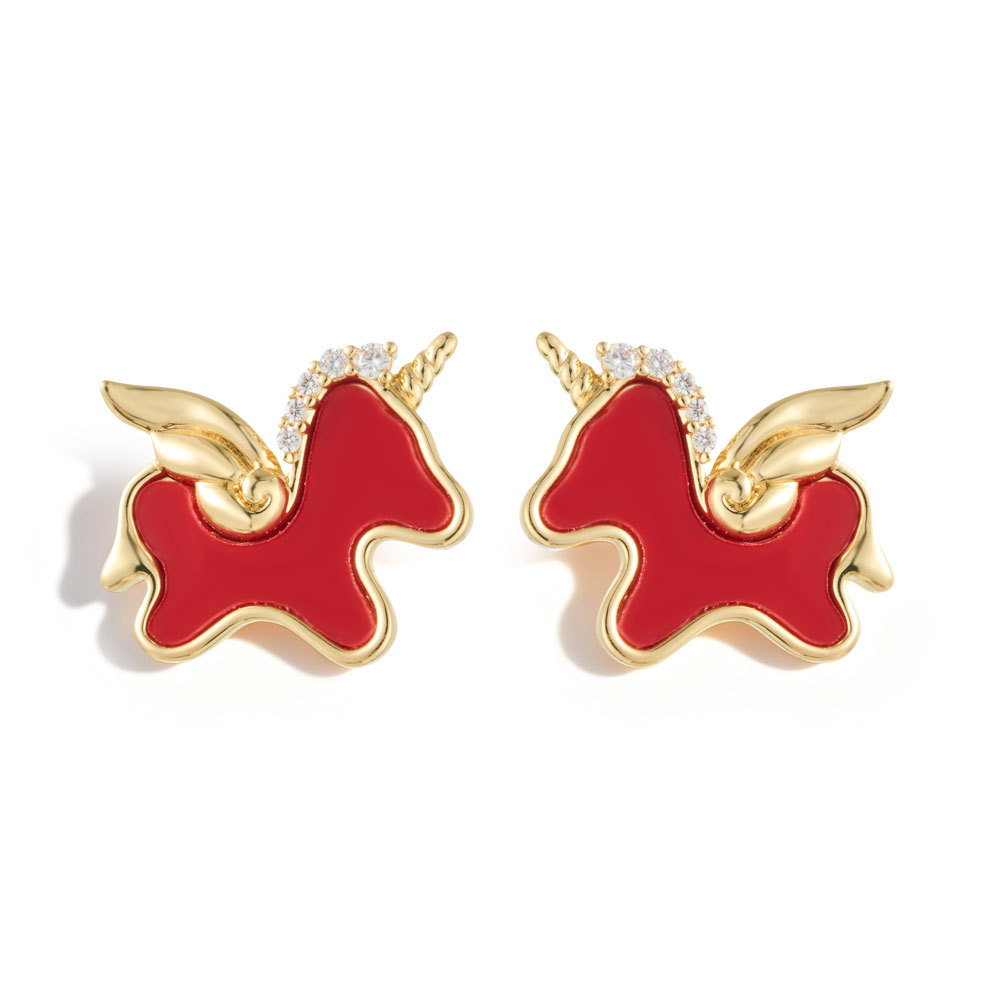 Luz de lujo lindo rojo lámina unicornio pendientes aleación de cobre oro real chapado con circonitas s925 agujas de plata para mujeres orejeras Item Picture