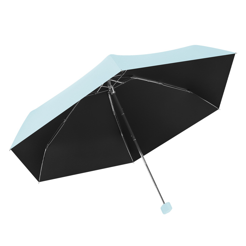 Wholesale flat five-fold solid-color sun umbrellas for women, ultra-light and compact pocket umbrellas, all-weather and all-weather sun protection black rubber sun umbrellas Item Picture