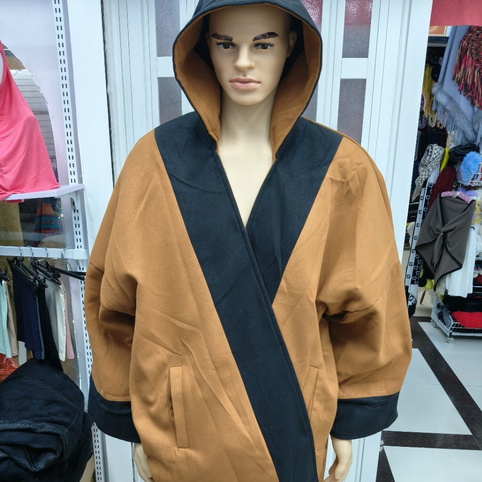 跨境冬装新款双面呢拼色两面穿长款连帽口袋开衫