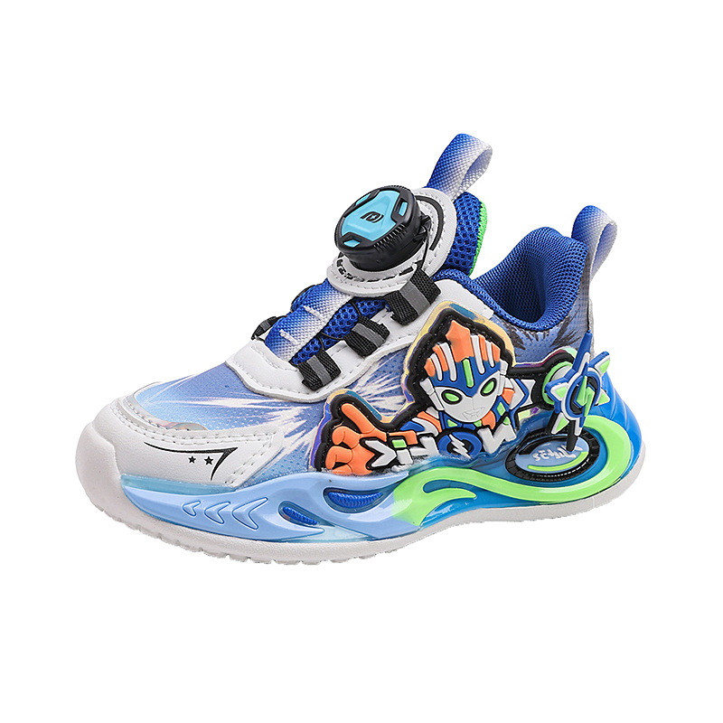 旋转扣小孩儿童鞋子男童运动鞋女童篮球鞋透气皮面软底防滑跑步鞋白底实物图