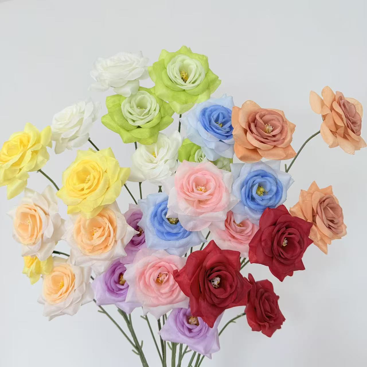 仿真花3头角玫钻石玫玫瑰花仿真花婚礼插花路引跨境批发外贸假花