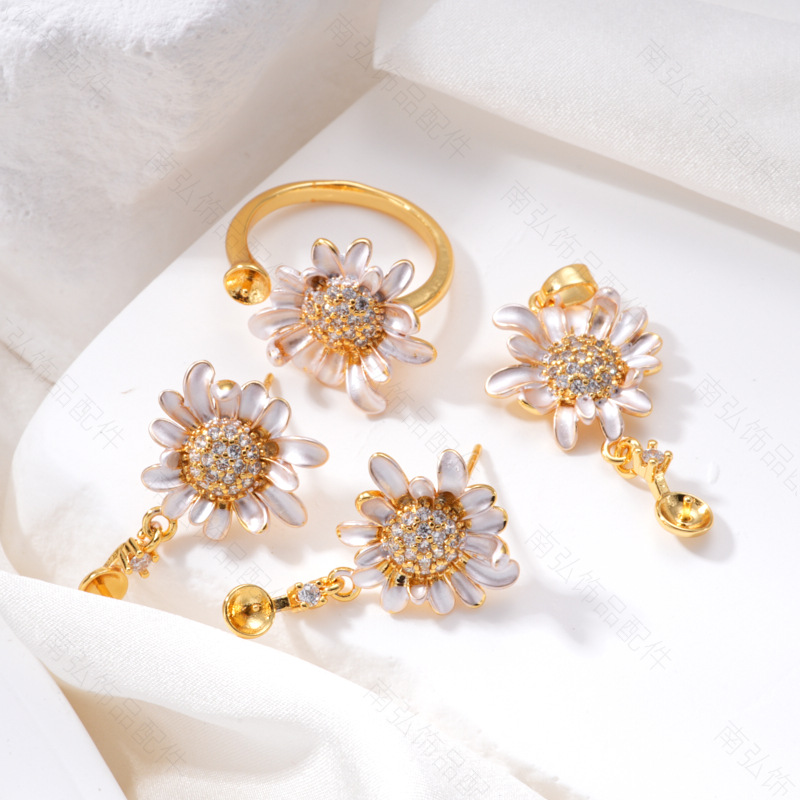 Pearl ring, earneedle pendant, micro-inlaid three-piece set, hollow tray, Daisy oil drip DIY, high-end tulip jewelry