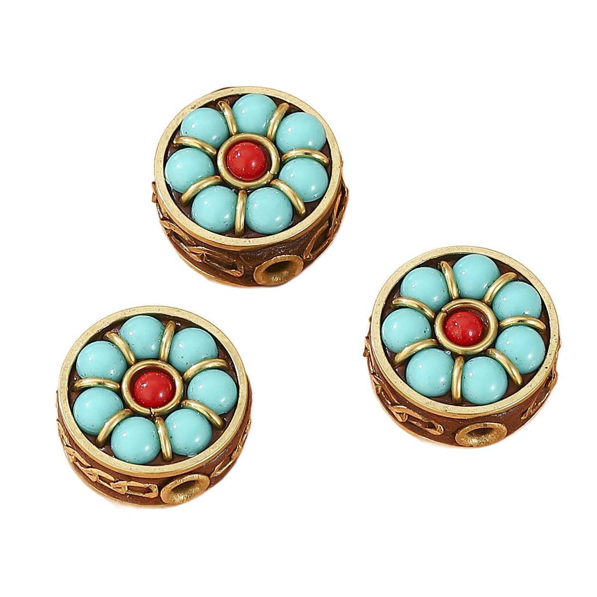 Tibetan-style Nepalese turquoise copper beads DIY, retro ethnic style flower spacer beads, bucket beads accessories, loose beads Item Picture
