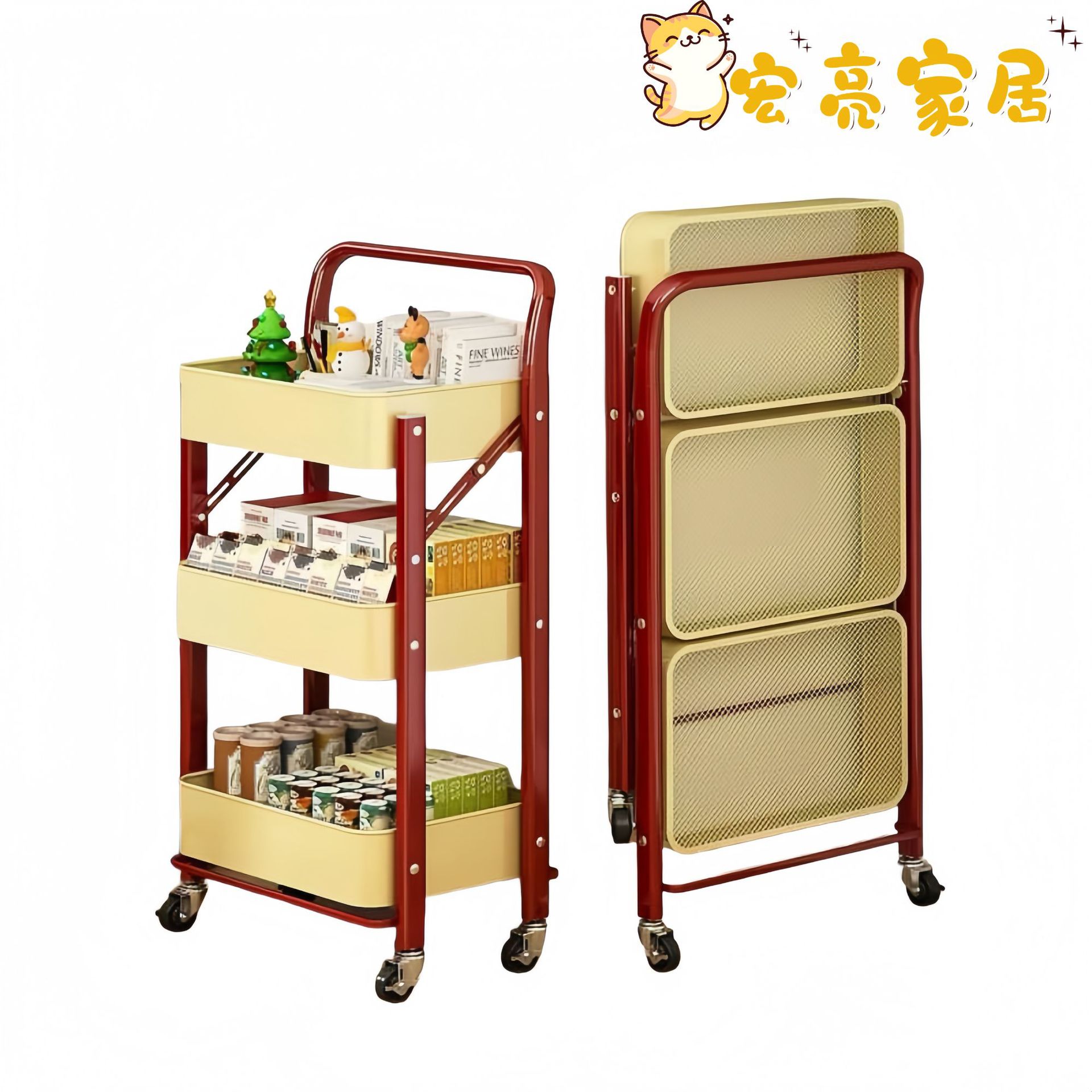 三层多巴胺折叠置物架小推车多层可折叠家用客厅儿童玩具收纳架