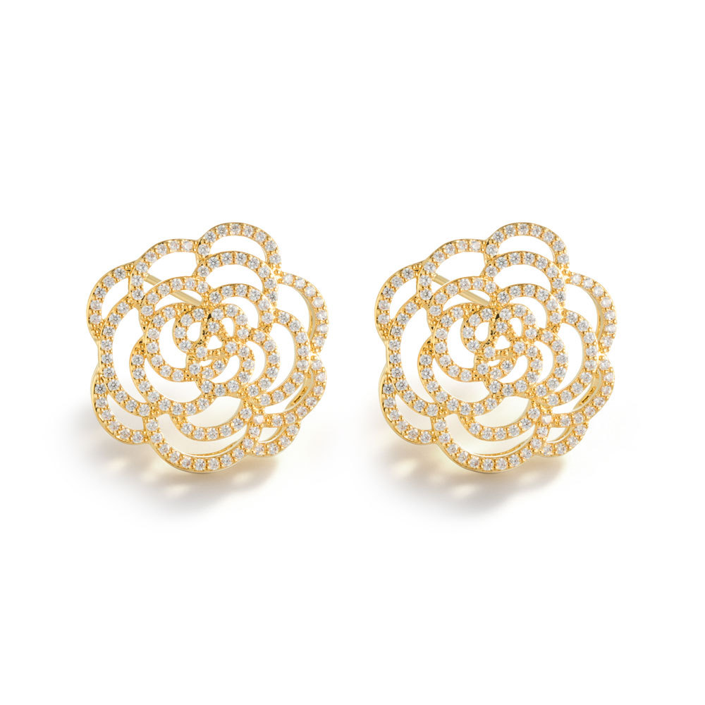 French retro hollowed-out camellia ear studs, copper alloy, real gold electroplated, slightly inlaid zircon S925 silver needle exquisite earrings Item Picture