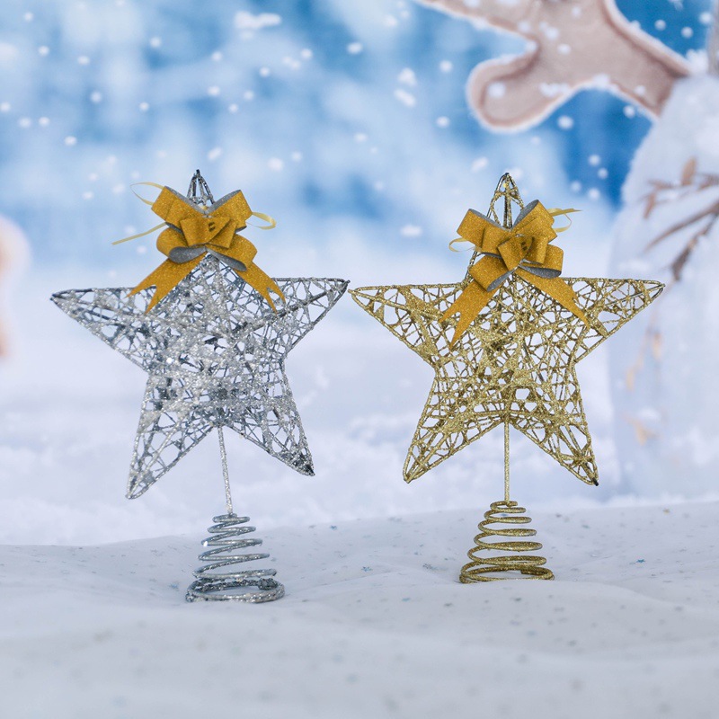 Cross-border supply of cotton thread powder tree top stars, iron five-pointed stars, LED illuminated Christmas tree decorations, tree top lights for Christmas Specification image