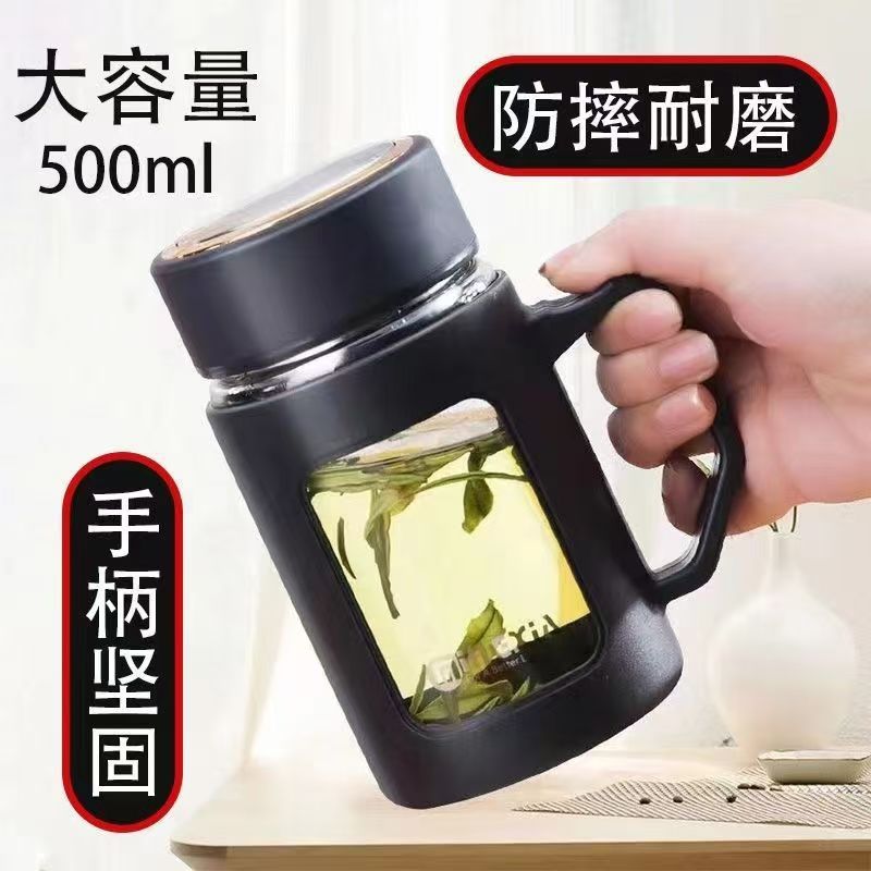 Glass cups, water cups, large-capacity tea brewing cups, office and household tea brewing cups, anti-drop and anti-heat cups with handles details Picture