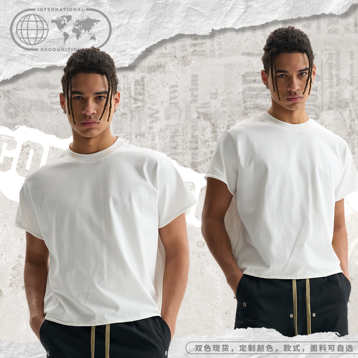 ETAI men's Wear: A trendy brand, high-quality pure cotton loose short solid-color short-sleeved T-shirt with truncated sleeves, loose edges and round neck Specification image