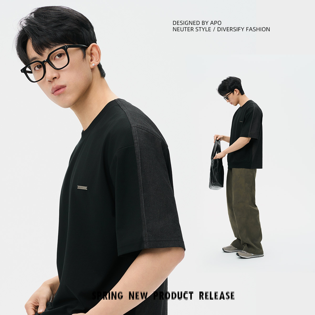 APO men's Wear: Summer short-sleeved men's T-shirt trendy brand, patchwork denim loose casual round-neck inner top and base layer Specification image