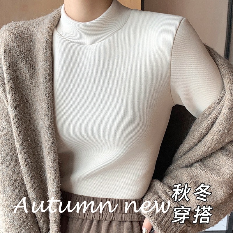 Spring and Autumn Women's Clothing's new fleece warm knitted sweater, long-sleeved semi-high-neck top, women's casual and slimming innerwear and base layer
