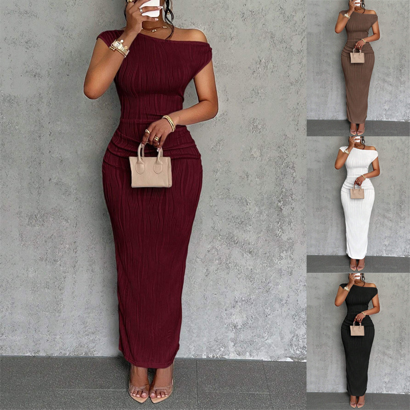 A new cross-border cute and fashionable water ripple off-the-shoulder dress is in stock on Amazon's independent store in 2026 full figure