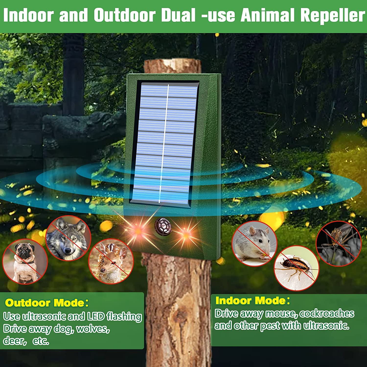 Cross-border best-selling outdoor waterproof LED flashing solar animal repellent and household suspended ultrasonic rat repellent details Picture
