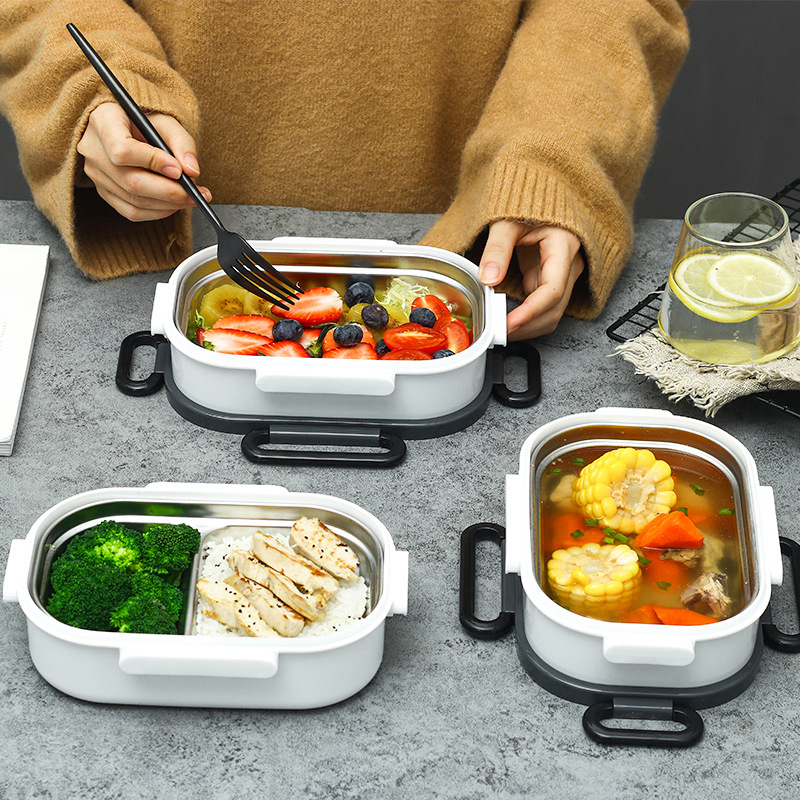 Stainless steel 304 insulated lunch box, creative tableware, student cafeteria lunch box set, square layered food compartments details Picture
