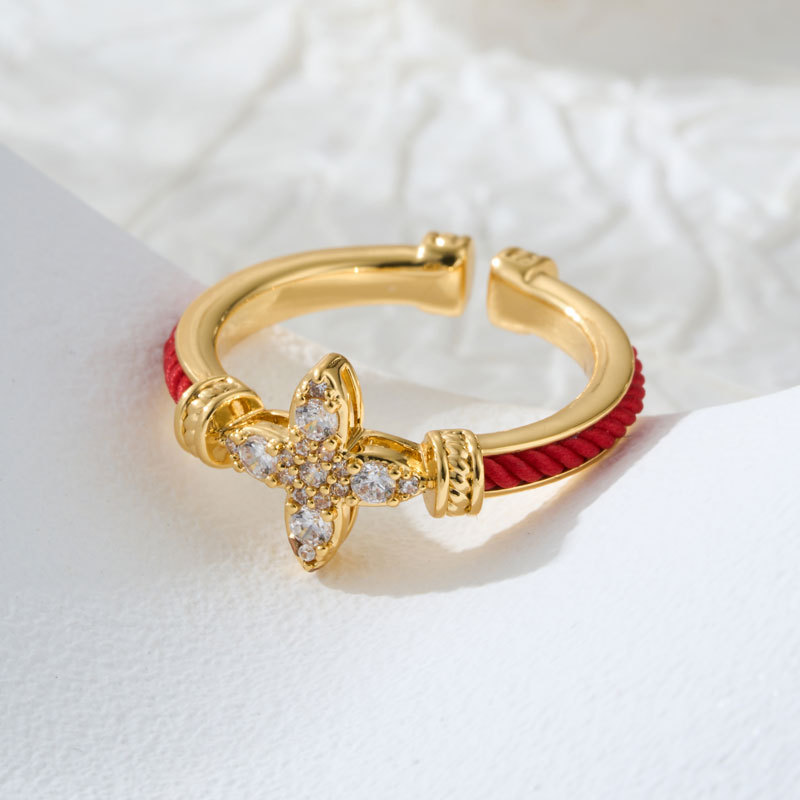 Original design: Red string starlight open ring, copper alloy, real gold electroplated with zircon, adjustable index finger ring Application Scenario