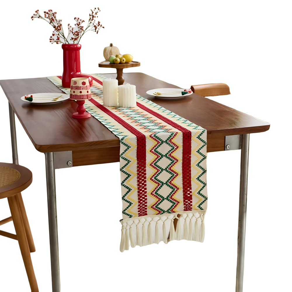 圣诞节桌旗编织流苏几何图案电视柜茶几桌垫节日氛围感装饰餐桌布白底实物图