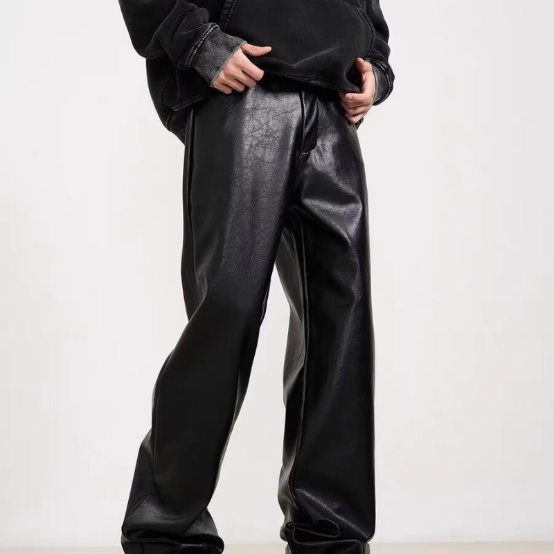 The new 2024 American-style high-end leather pants, casual pants, men's retro straight-leg loose and cool pants, trendy and stylish Specification image