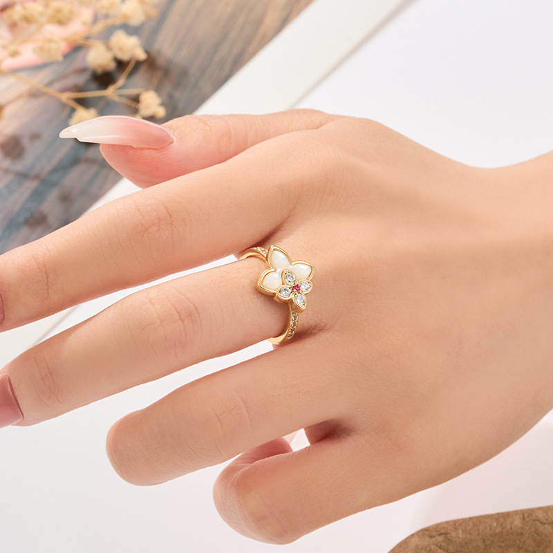 Light luxury lucky four-leaf clover open ring, copper alloy, real gold electroplated, natural mother-of-pearl inlaid, zirconium adjustable ring ring details Picture