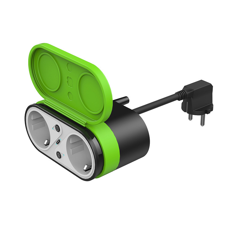 Green shell EU outdoor smart dual-plug socket with USB charging port Application Scenario