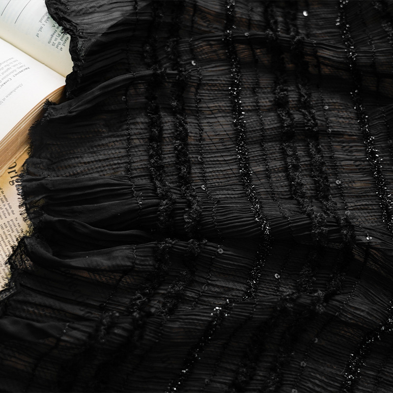 Summer new style chiffon striped crocheted black ear-trimmed pleated fabric multi-color fairy dress, wedding dress and evening gown fashion fabric Specification image