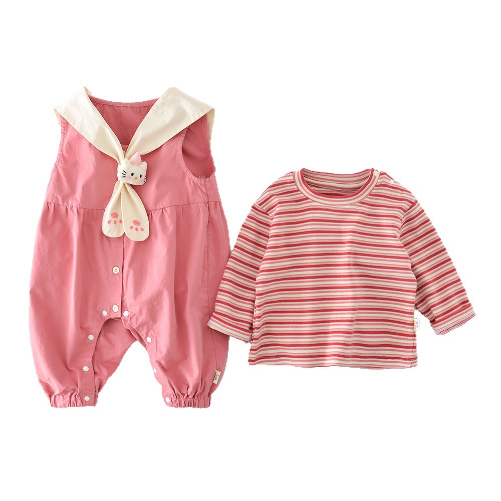 Spring Set for baby Girls, new striped T-shirt for infants and toddlers, two-piece sleeveless crawling suit for children and kittens, 61333 Item Picture